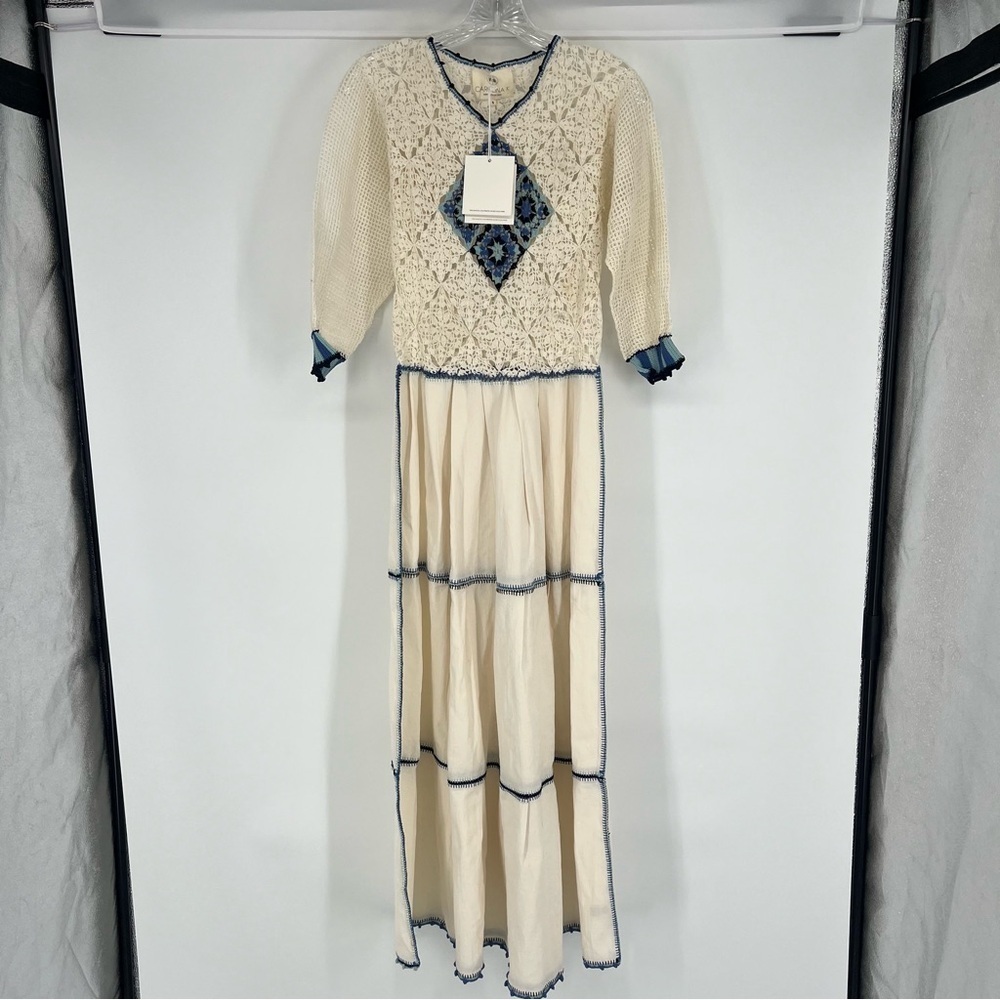 Carolina K Azul Sheer Crochet Cottagecore Bohemian Quarter Sleeve Maxi Dress S - Picture 6 of 16